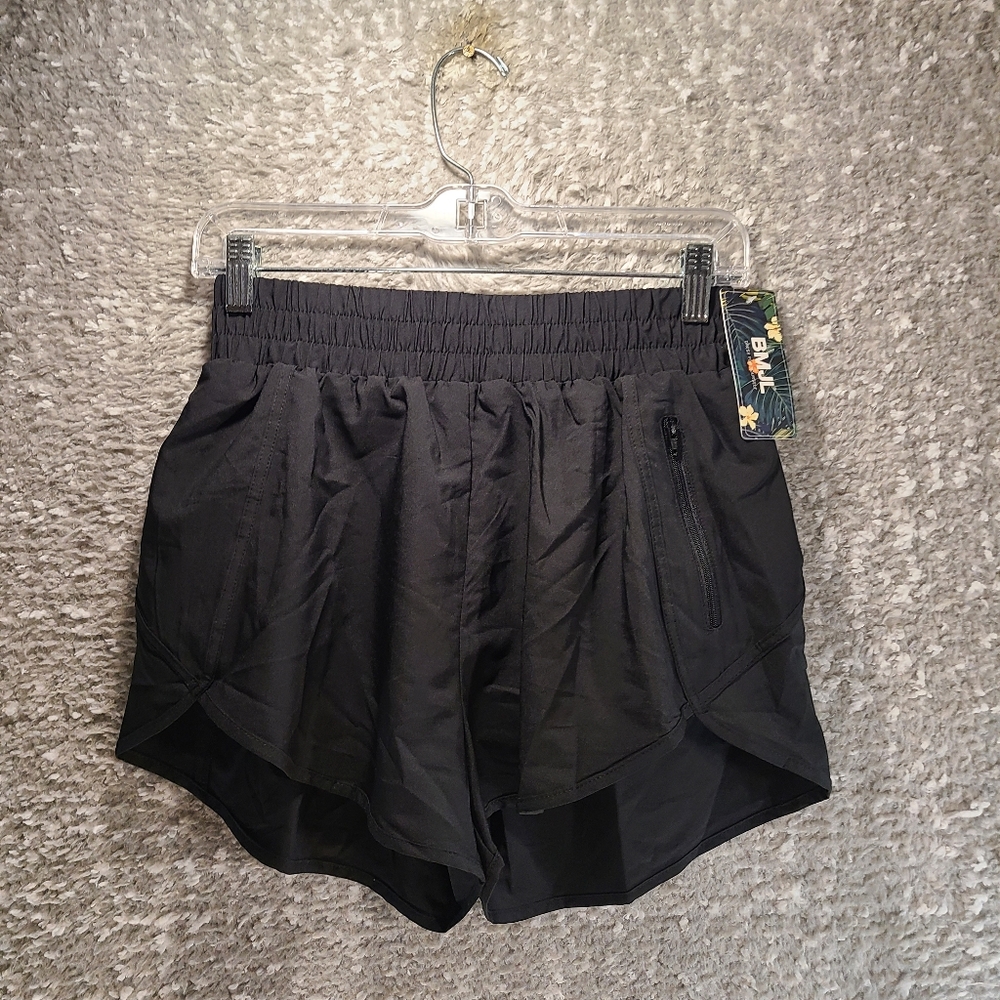 BMJL Women’s Medium Black High Waist Running Shorts Zip Pocket Inner Brief NWT